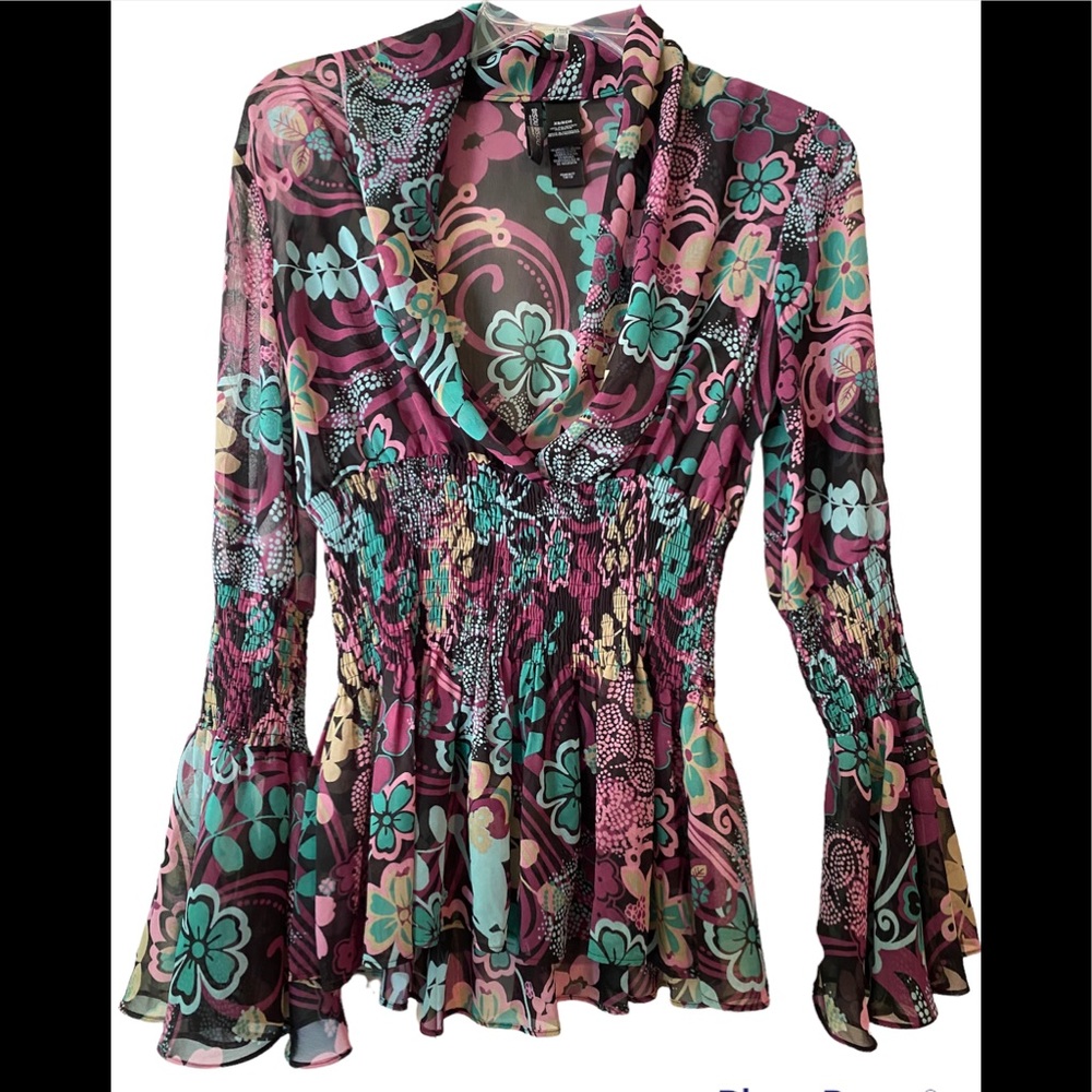 Vtg Y2K Sheer Floral Bell Sleeve Top Smocked Waist Whimsigoth Fairycore Blouse